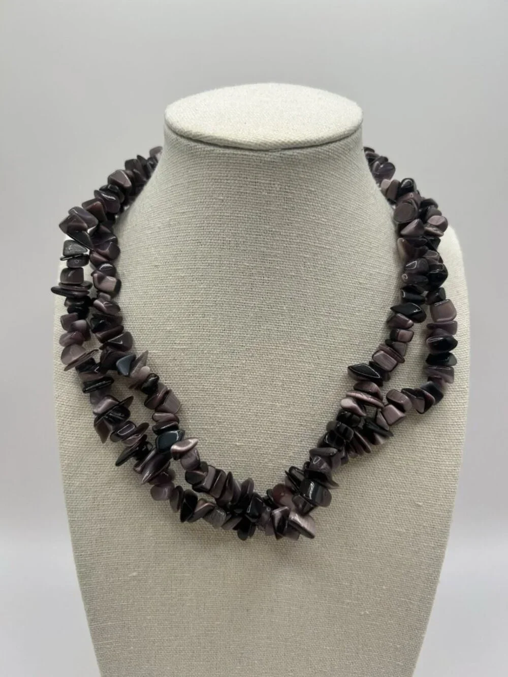 Purple Cat’s Eye Glass Chip Necklace Long 32” Boho Statement Vintage Jewelry
